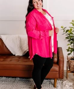 No Ship Drop Ship Fray For Me Pink Fringe Button Down Top