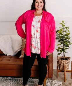 No Ship Drop Ship Fray For Me Pink Fringe Button Down Top