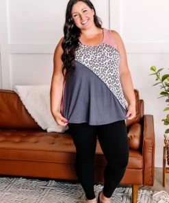 No Ship Drop Ship Uncaged Color Block Animal Print Sleeveless Top In Rose & Gray