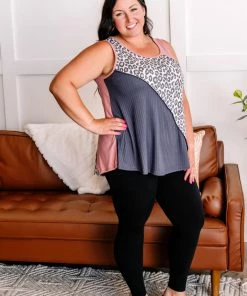 No Ship Drop Ship Uncaged Color Block Animal Print Sleeveless Top In Rose & Gray