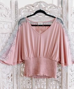 No Ship Drop Ship Apparel The Final Touch Pink Lace Dolman Top