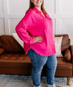 No Ship Drop Ship Fray For Me Pink Fringe Button Down Top