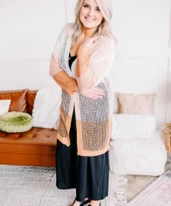 No Ship Drop Ship Apparel Twice Around The Block Ivory Pink And Camel Cardigan