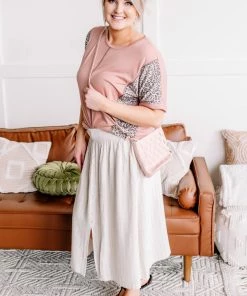 No Ship Drop Ship Fair To Midi Striped Skirt In Oatmeal