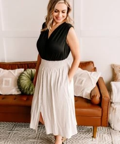 No Ship Drop Ship Fair To Midi Striped Skirt In Oatmeal