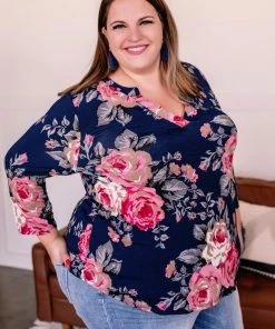 No Ship Drop Ship Apparel Becomes The Rose Navy Floral Gabby Top