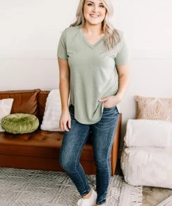 No Ship Drop Ship GHG- Shop Singles Grading On A Curve Top In Sage (GHG-S)