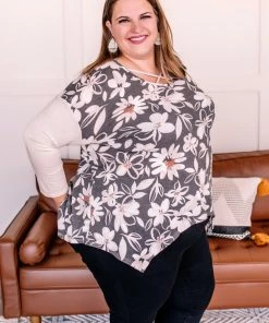 No Ship Drop Ship Whoopsy Daisy Charcoal Floral Top Apparel