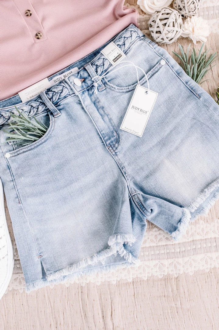 No Ship Drop Ship Twisted Sister Braided Waistband Judy Blue Jean Shorts 14 No Ship Drop Ship Twisted Sister Braided Waistband Judy Blue Jean Shorts