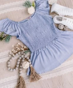 No Ship Drop Ship I Flit, I Float Baby Blue Smocked Flutter Sleeve Top