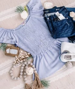 No Ship Drop Ship GHG- Shop Singles Copy Of I Flit, I Float Baby Blue Smocked Flutter Sleeve Top (GHG-S)