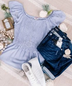 No Ship Drop Ship GHG- Shop Singles Copy Of I Flit, I Float Baby Blue Smocked Flutter Sleeve Top (GHG-S)