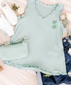 No Ship Drop Ship GHG- Shop Singles Frilled To Bits Sleeveless Top In Eucalyptus (GHG-S)