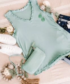 No Ship Drop Ship GHG- Shop Singles Frilled To Bits Sleeveless Top In Eucalyptus (GHG-S)