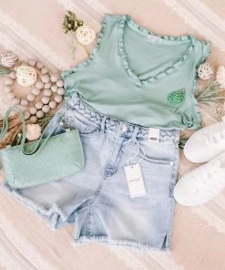 No Ship Drop Ship GHG- Shop Singles Frilled To Bits Sleeveless Top In Eucalyptus (GHG-S)