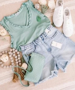 No Ship Drop Ship GHG- Shop Singles Frilled To Bits Sleeveless Top In Eucalyptus (GHG-S)