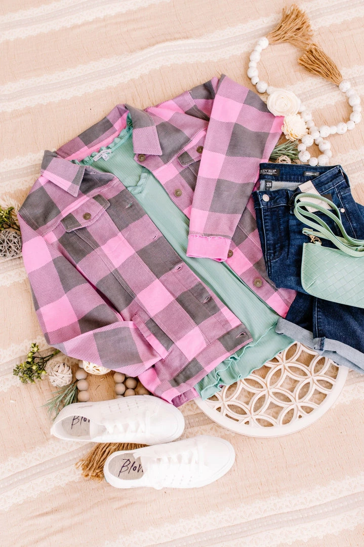 No Ship Drop Ship Getting Plaid Here Jacket In Pink & Gray (GHG-S) 14 No Ship Drop Ship Getting Plaid Here Jacket In Pink & Gray (GHG-S)