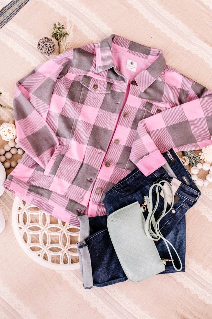 No Ship Drop Ship Getting Plaid Here Jacket In Pink & Gray (GHG-S) 16 No Ship Drop Ship Getting Plaid Here Jacket In Pink & Gray (GHG-S)