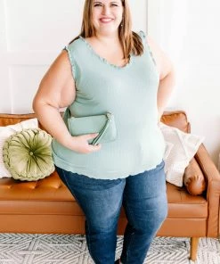 No Ship Drop Ship GHG- Shop Singles Frilled To Bits Sleeveless Top In Eucalyptus (GHG-S)