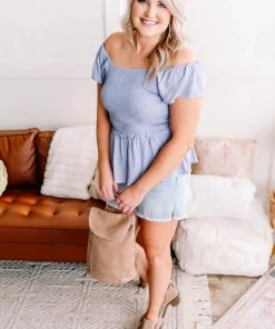 No Ship Drop Ship GHG- Shop Singles Copy Of I Flit, I Float Baby Blue Smocked Flutter Sleeve Top (GHG-S)