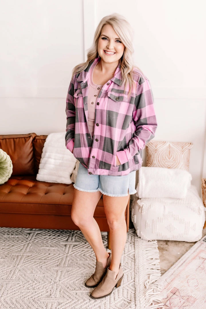 No Ship Drop Ship Getting Plaid Here Jacket In Pink & Gray (GHG-S) 17 No Ship Drop Ship Getting Plaid Here Jacket In Pink & Gray (GHG-S)