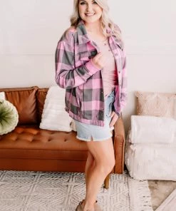 No Ship Drop Ship Getting Plaid Here Jacket In Pink & Gray (GHG-S) 22 No Ship Drop Ship Getting Plaid Here Jacket In Pink & Gray (GHG-S)