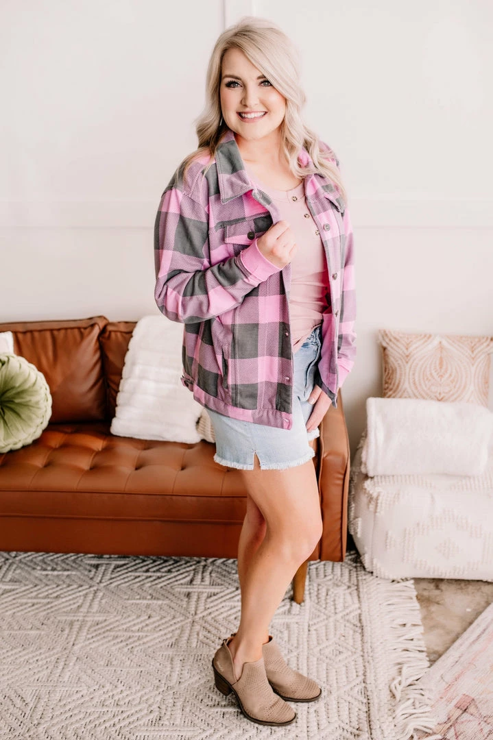 No Ship Drop Ship Getting Plaid Here Jacket In Pink & Gray (GHG-S) 6 No Ship Drop Ship Getting Plaid Here Jacket In Pink & Gray (GHG-S)