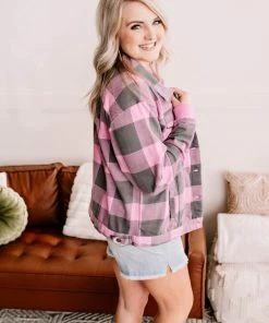 No Ship Drop Ship Getting Plaid Here Jacket In Pink & Gray (GHG-S) 25 No Ship Drop Ship Getting Plaid Here Jacket In Pink & Gray (GHG-S)