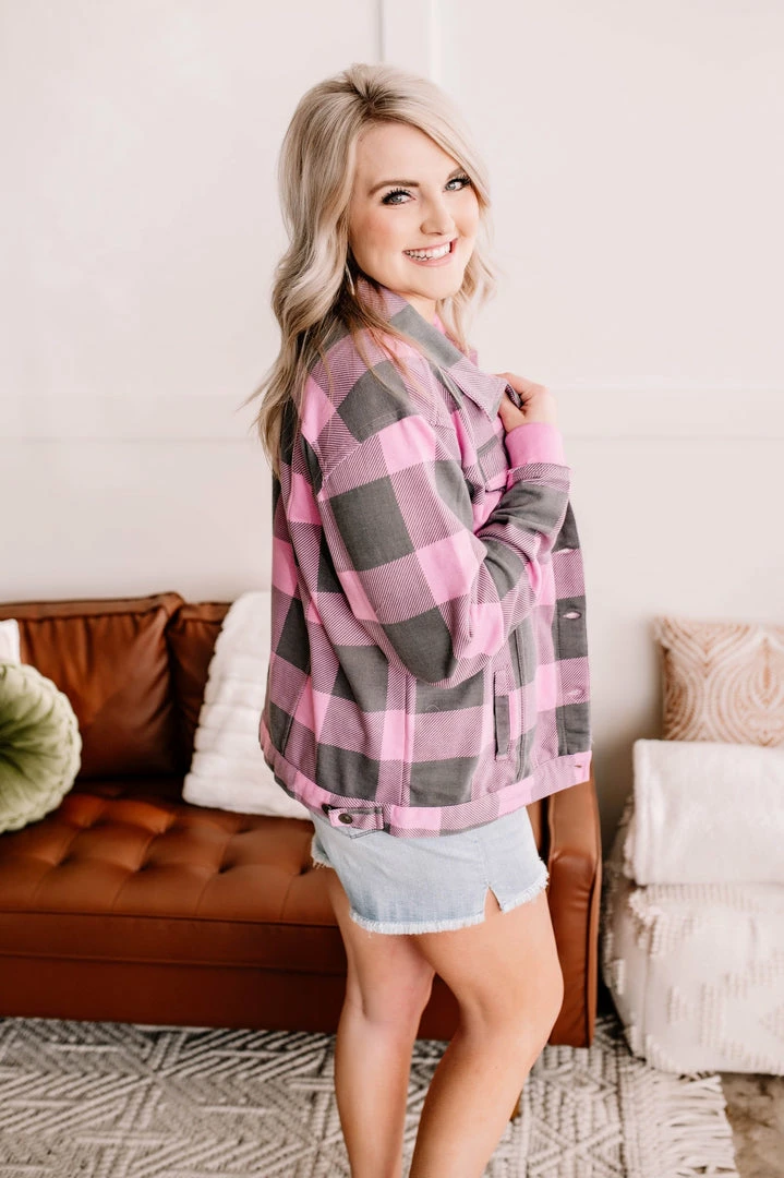 No Ship Drop Ship Getting Plaid Here Jacket In Pink & Gray (GHG-S) 9 No Ship Drop Ship Getting Plaid Here Jacket In Pink & Gray (GHG-S)
