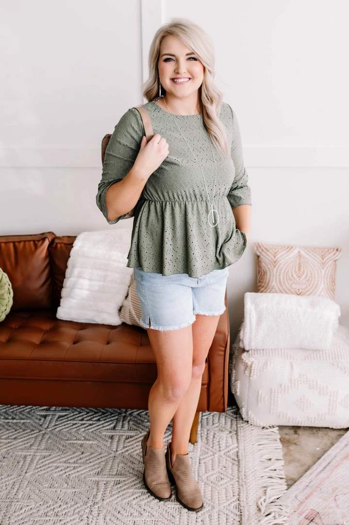 No Ship Drop Ship GHG- Shop Singles Eye Can See Clearly Now Vintage Eyelet Top In Olive (GHG - S, 1XL) 8 No Ship Drop Ship GHG- Shop Singles Eye Can See Clearly Now Vintage Eyelet Top In Olive (GHG - S, 1XL)