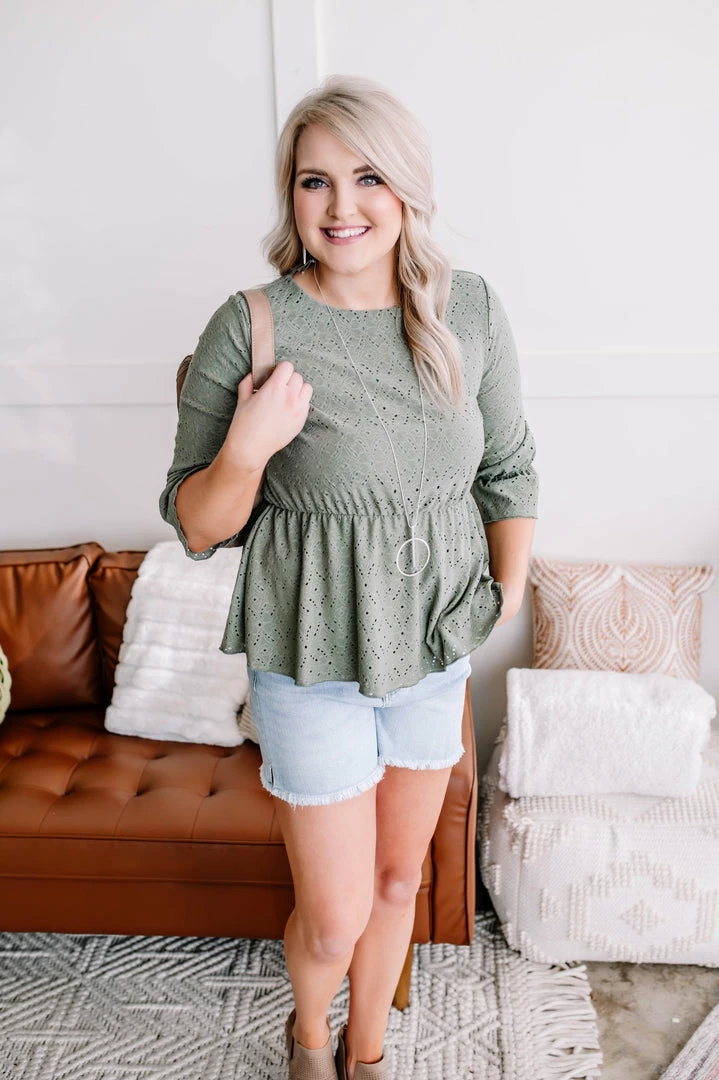 No Ship Drop Ship GHG- Shop Singles Eye Can See Clearly Now Vintage Eyelet Top In Olive (GHG - S, 1XL) 1 No Ship Drop Ship GHG- Shop Singles Eye Can See Clearly Now Vintage Eyelet Top In Olive (GHG - S, 1XL)