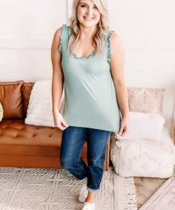 No Ship Drop Ship GHG- Shop Singles Frilled To Bits Sleeveless Top In Eucalyptus (GHG-S)
