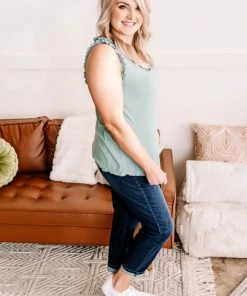 No Ship Drop Ship GHG- Shop Singles Frilled To Bits Sleeveless Top In Eucalyptus (GHG-S)