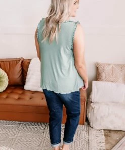 No Ship Drop Ship GHG- Shop Singles Frilled To Bits Sleeveless Top In Eucalyptus (GHG-S)