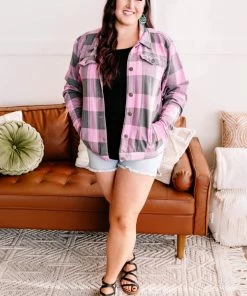No Ship Drop Ship Getting Plaid Here Jacket In Pink & Gray (GHG-S) 23 No Ship Drop Ship Getting Plaid Here Jacket In Pink & Gray (GHG-S)