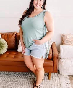 No Ship Drop Ship GHG- Shop Singles Frilled To Bits Sleeveless Top In Eucalyptus (GHG-S)