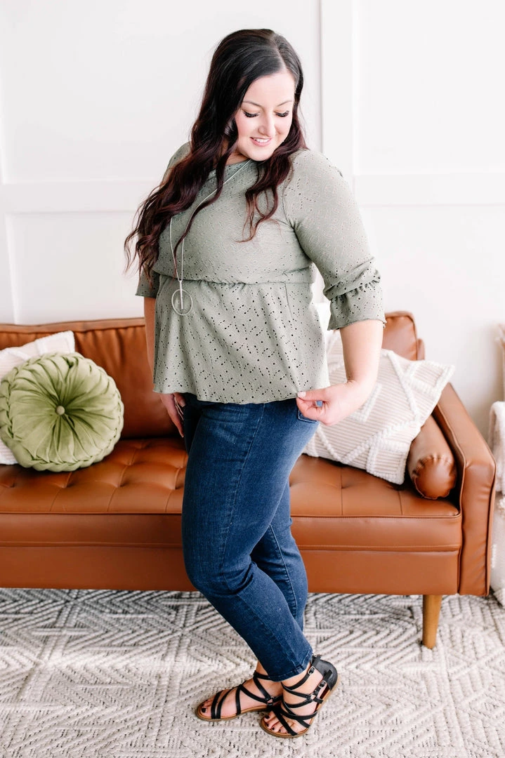 No Ship Drop Ship GHG- Shop Singles Eye Can See Clearly Now Vintage Eyelet Top In Olive (GHG - S, 1XL) 4 No Ship Drop Ship GHG- Shop Singles Eye Can See Clearly Now Vintage Eyelet Top In Olive (GHG - S, 1XL)