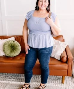 No Ship Drop Ship GHG- Shop Singles Copy Of I Flit, I Float Baby Blue Smocked Flutter Sleeve Top (GHG-S)