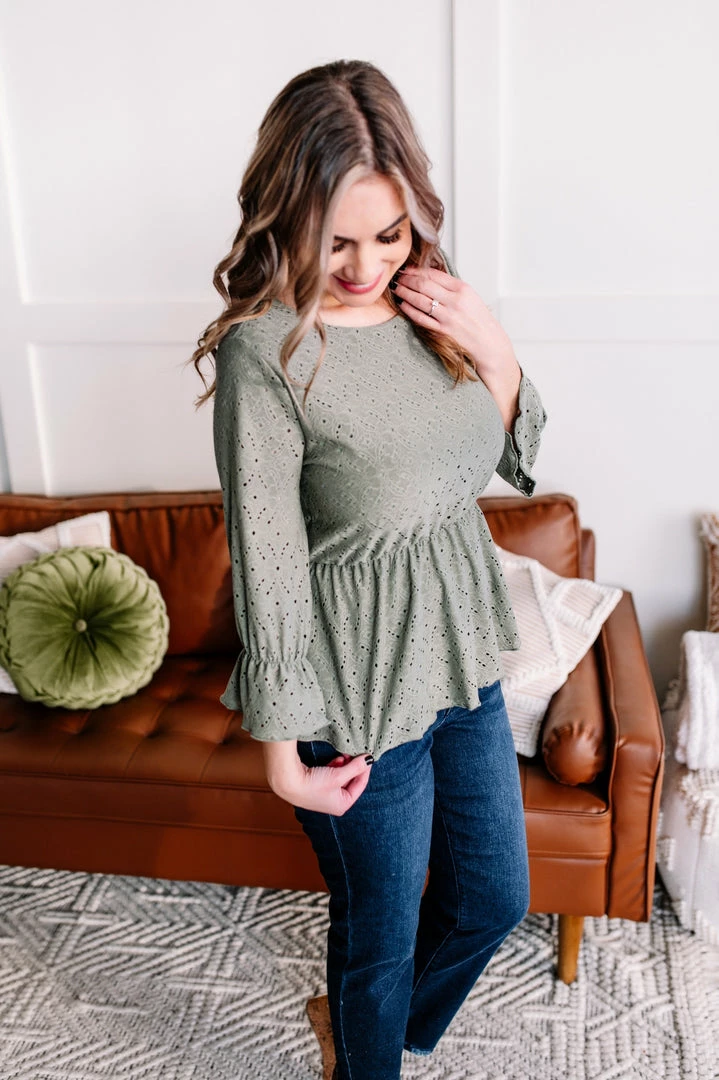 No Ship Drop Ship GHG- Shop Singles Eye Can See Clearly Now Vintage Eyelet Top In Olive (GHG - S, 1XL) 2 No Ship Drop Ship GHG- Shop Singles Eye Can See Clearly Now Vintage Eyelet Top In Olive (GHG - S, 1XL)