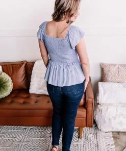 No Ship Drop Ship I Flit, I Float Baby Blue Smocked Flutter Sleeve Top