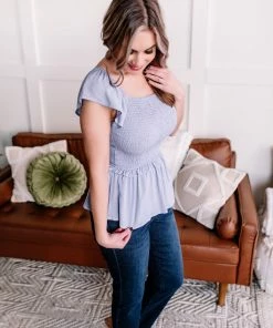 No Ship Drop Ship GHG- Shop Singles Copy Of I Flit, I Float Baby Blue Smocked Flutter Sleeve Top (GHG-S)