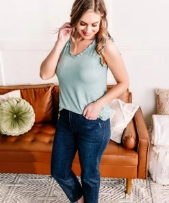 No Ship Drop Ship GHG- Shop Singles Frilled To Bits Sleeveless Top In Eucalyptus (GHG-S)