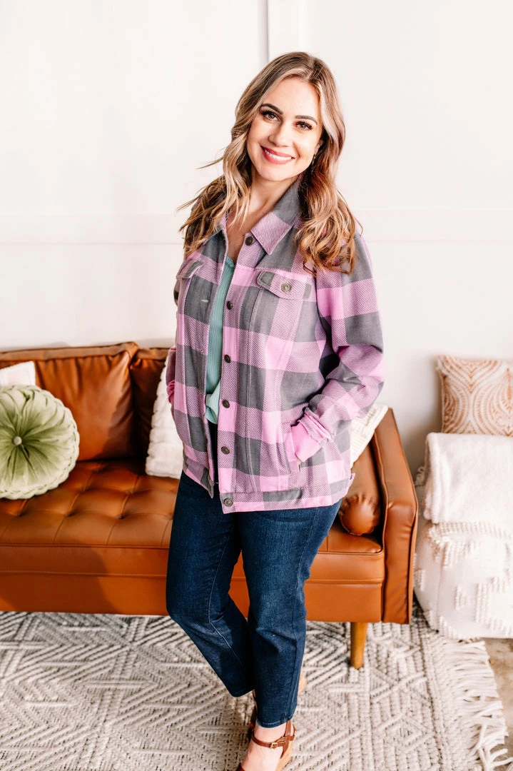 No Ship Drop Ship Getting Plaid Here Jacket In Pink & Gray (GHG-S) 10 No Ship Drop Ship Getting Plaid Here Jacket In Pink & Gray (GHG-S)