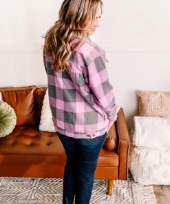 No Ship Drop Ship Getting Plaid Here Jacket In Pink & Gray (GHG-S)