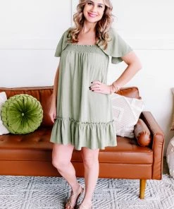 No Ship Drop Ship Cruisin' Together Smocked Flutter Sleeve Dress In Willow Tree Apparel
