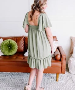 No Ship Drop Ship Cruisin' Together Smocked Flutter Sleeve Dress In Willow Tree Apparel