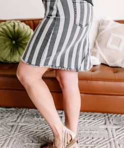 No Ship Drop Ship They See Me Strollin' Striped Denim Skirt In Charcoal Apparel