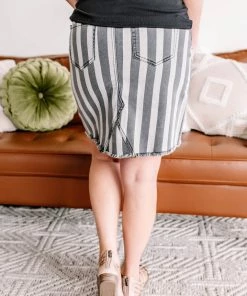 No Ship Drop Ship They See Me Strollin' Striped Denim Skirt In Charcoal Apparel