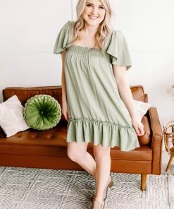 No Ship Drop Ship Cruisin' Together Smocked Flutter Sleeve Dress In Willow Tree (GHG-S)