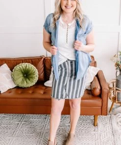 No Ship Drop Ship They See Me Strollin' Striped Denim Skirt In Charcoal (GHG-L)